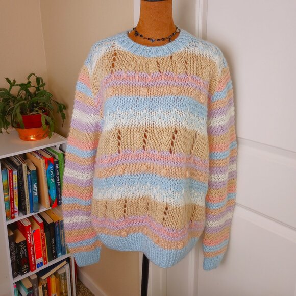 Express 80s Grail Pastel Rainbow Striped Mohair Fluffy Knit Sweater Oversized - Picture 1 of 6